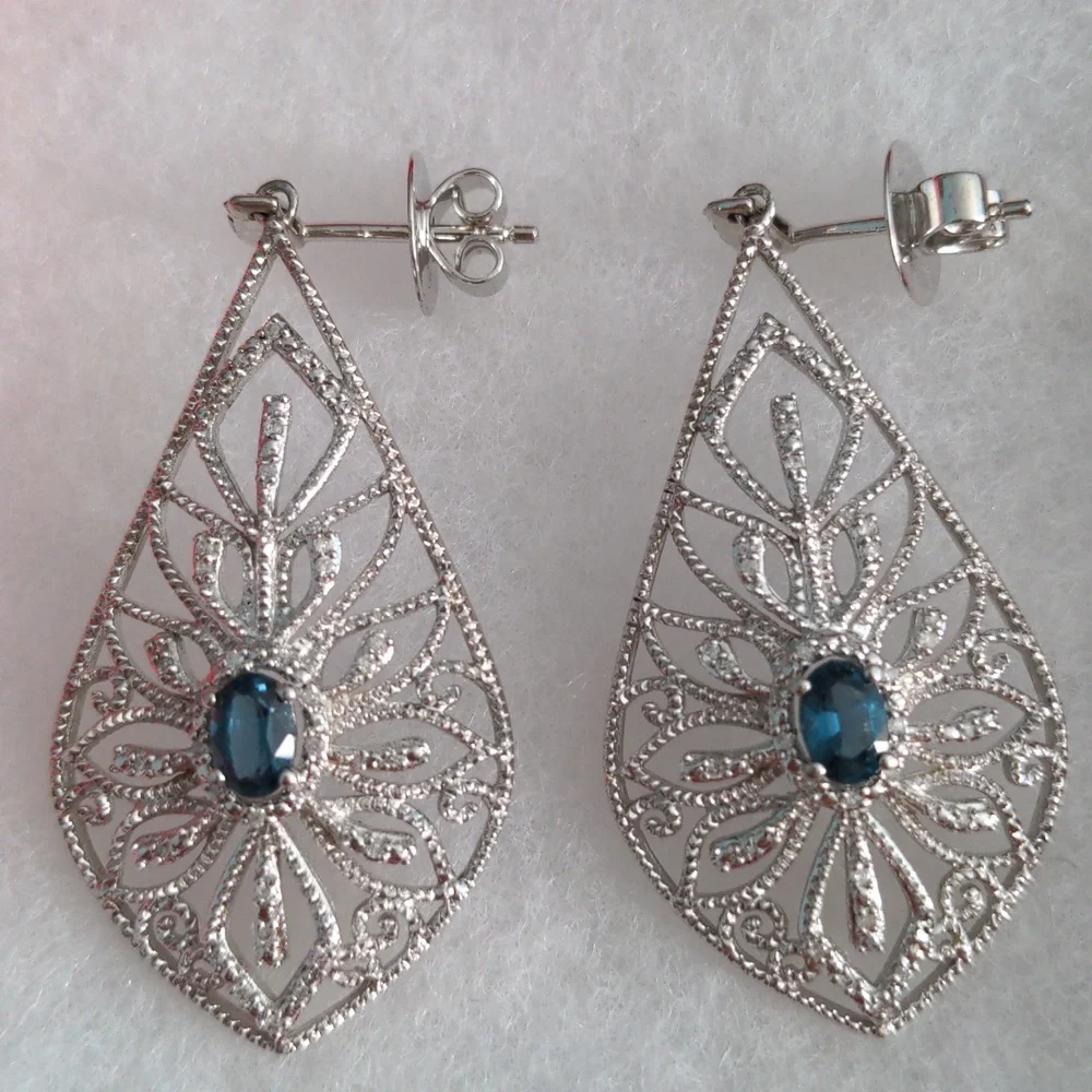 London Blue Sterling Silver Teardrop Earrings, Sparkling  Gemstone Filagree, New